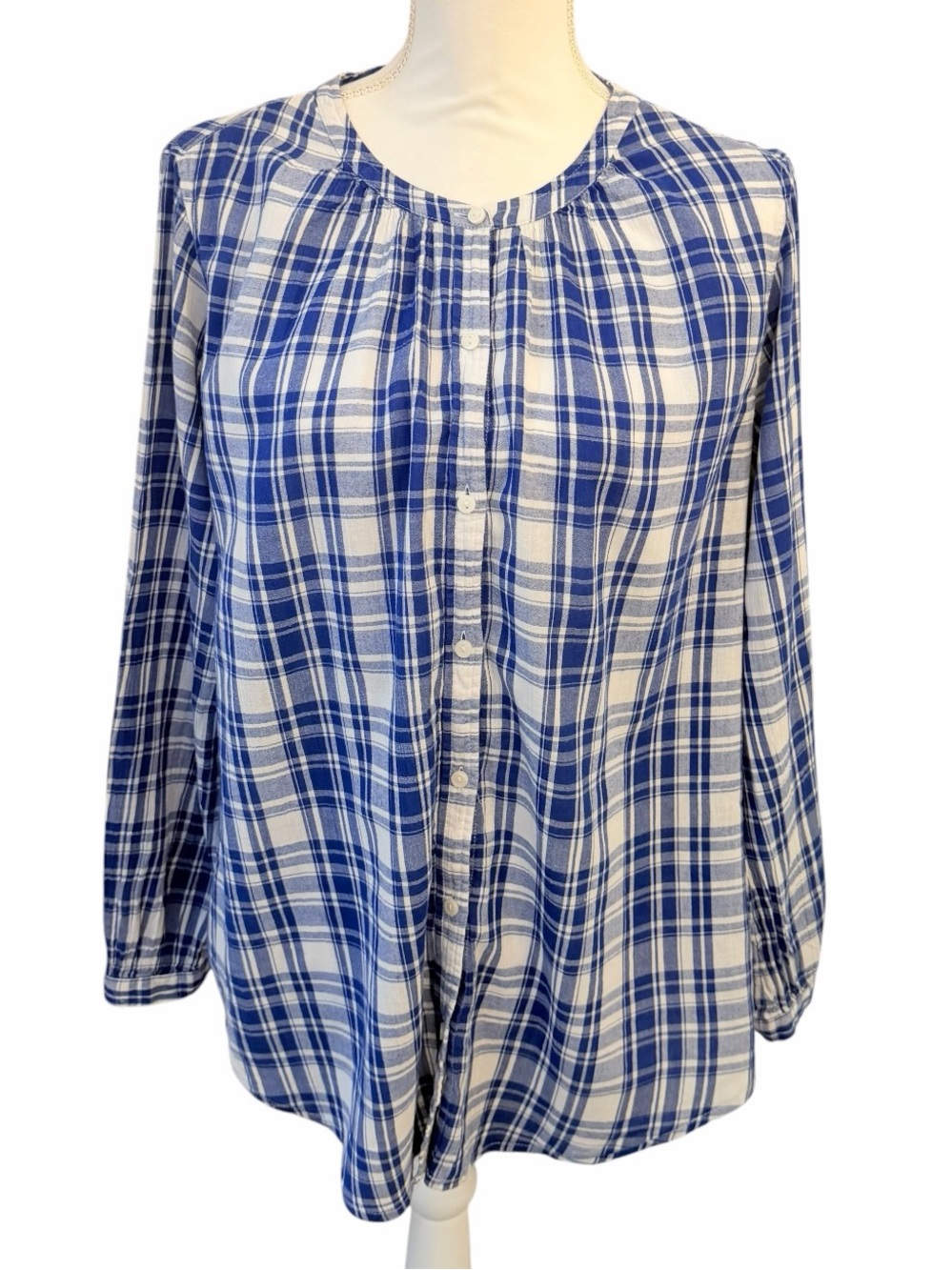 Lucky Brand Womens Top Blue White Plaid Long Sleeve Button Down Boho Flowy Gauze
